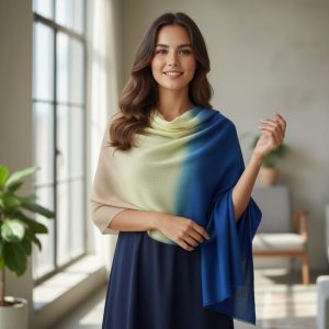 Beige, Cream & Royal Blue Wool Natural Ombre Pashmina Shawl for Women