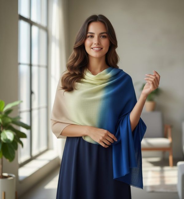 Multicolour Fine Wool Ombre Stole, Soft Pink Beige Yellow Blue, Wholesale Supplier