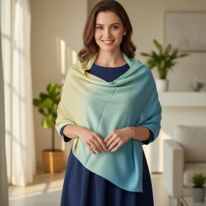 Beige, Mint Green & Teal Wool Natural Ombre Pashmina Shawl for Women
