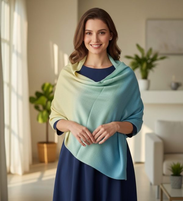 Olive Green Yellow Sky Blue Fine Wool Ombre Stole, Wholesale Supplier