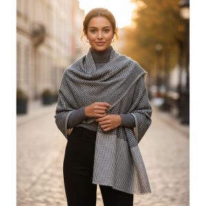 Black & Grey Wool Natural Check Pattern Pashmina Shawl for Women
