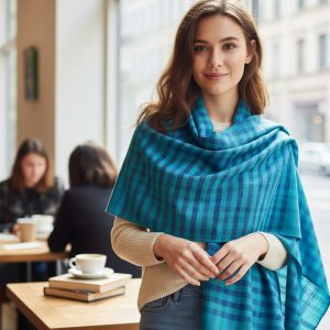 Blue & Teal Wool Natural Check Pattern Pashmina Shawl for Women