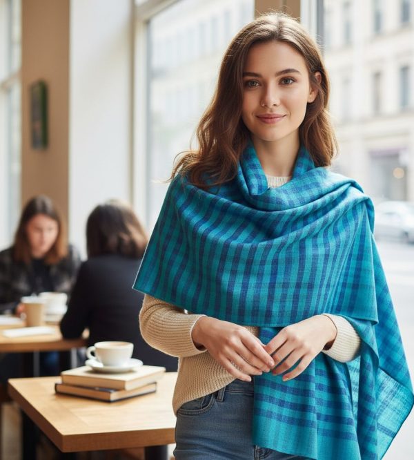 Blue & Teal Wool Natural Check Pattern Pashmina Shawl for Women