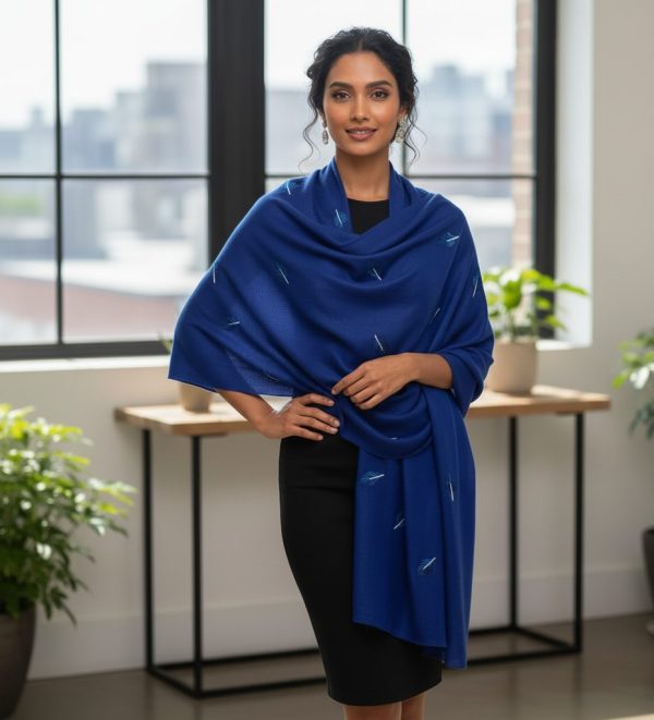 Royal Blue Fine Wool Leaf Embroidery Pashmina Shawl for Women, Wholesale Manufacturer & Private Label Supplier