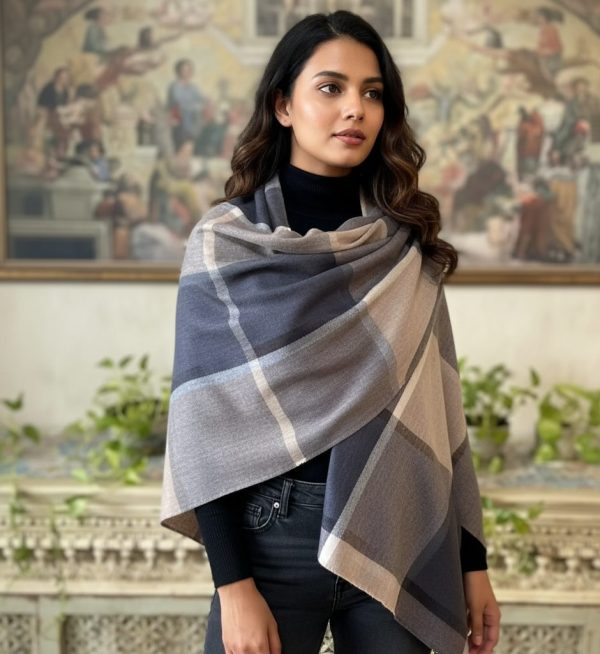 Beige & Charcoal Wool Silk Box Check Pashmina Shawl – Wholesale Supplier & Private Label Manufacturer