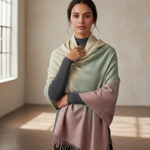 Beige, Sage Green & Mauve Wool Natural Ombre Pashmina Shawl for Women