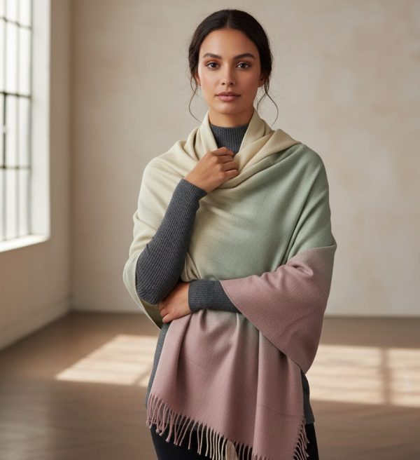Fine Wool Diamond Weave Ombre Stole-Olive, Soft Pink, Beige