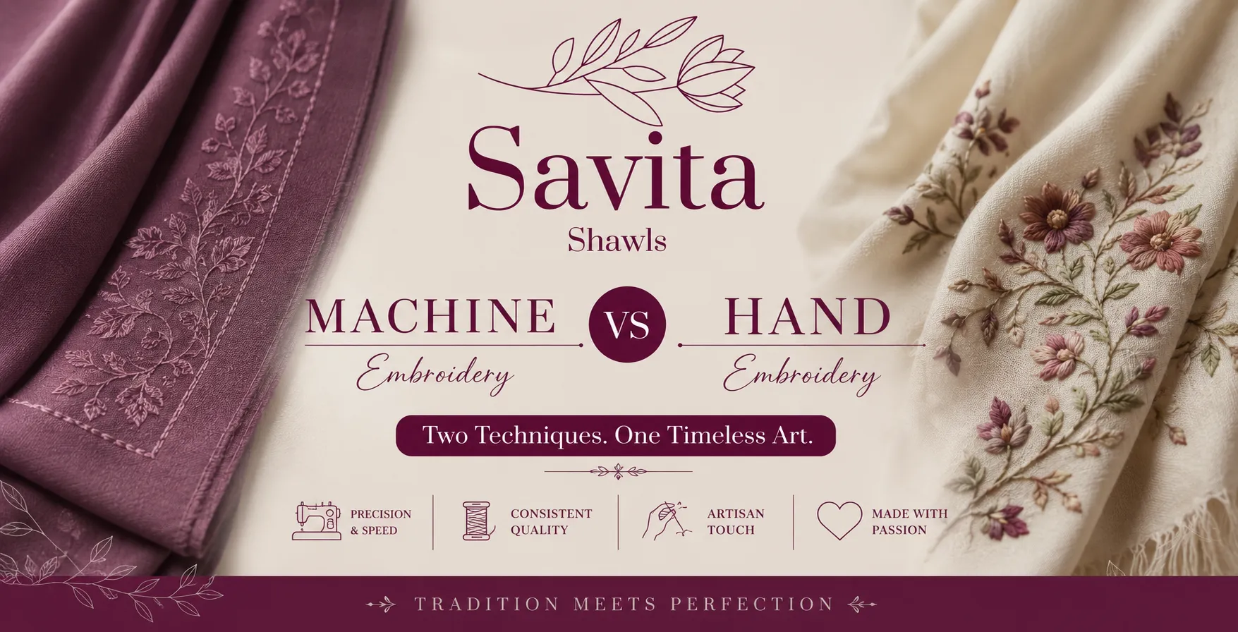 Machine and hand embroidered wholesale shawls comparison