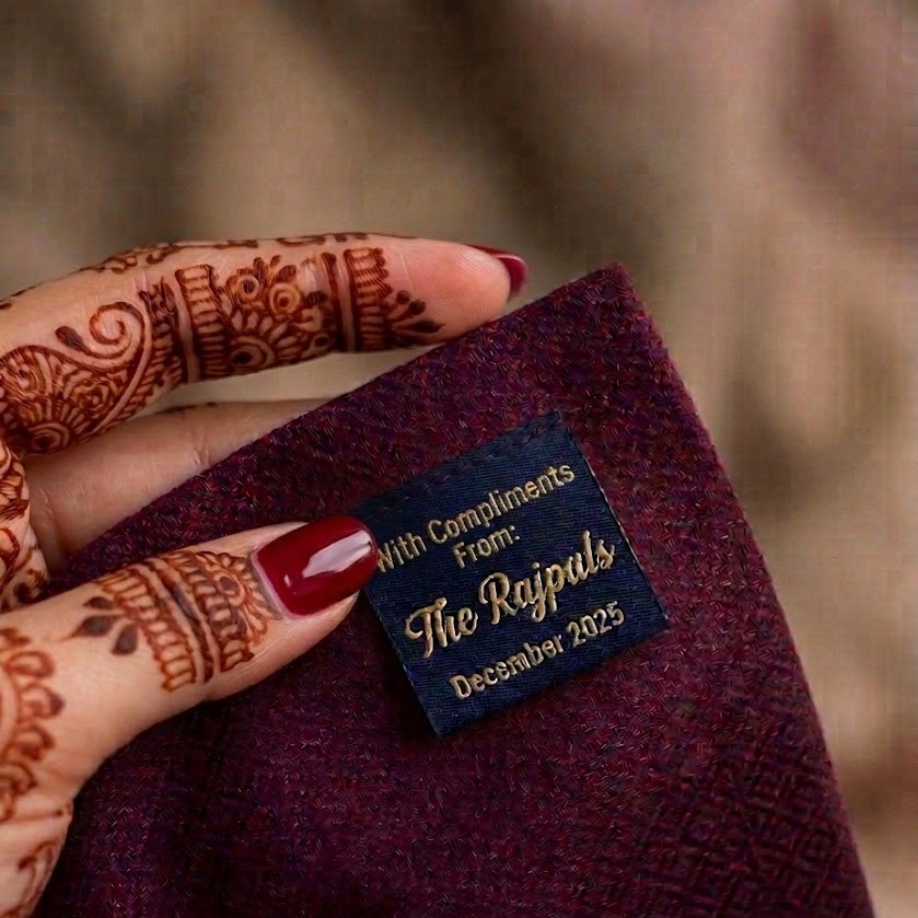 Woven brand label on a private label favour stole