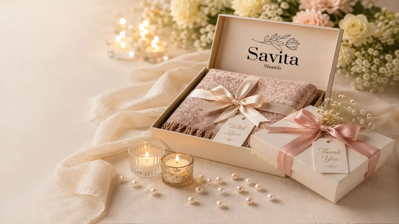 Pashmina wedding favour shawl in a gift box with a With Love tag, beside a ribboned Thank You box