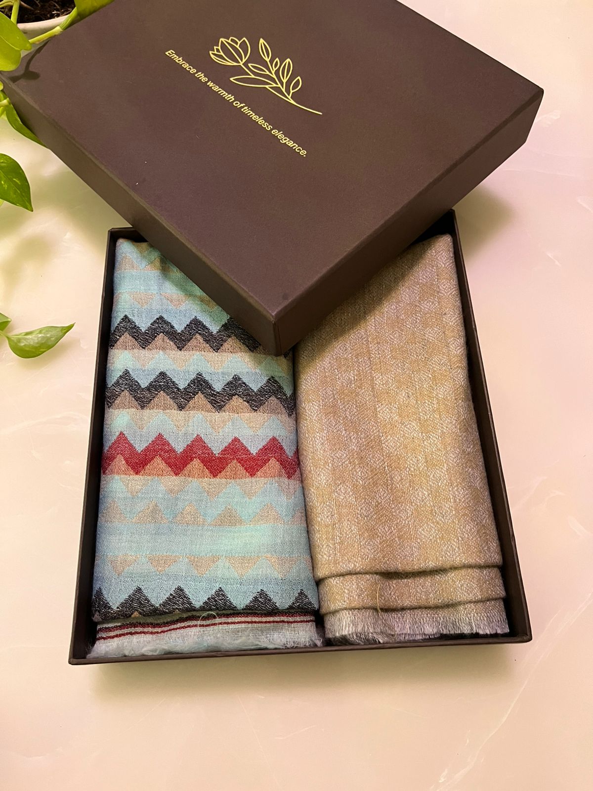 Classic pashmina wedding favour box with monogrammed tissue wrap