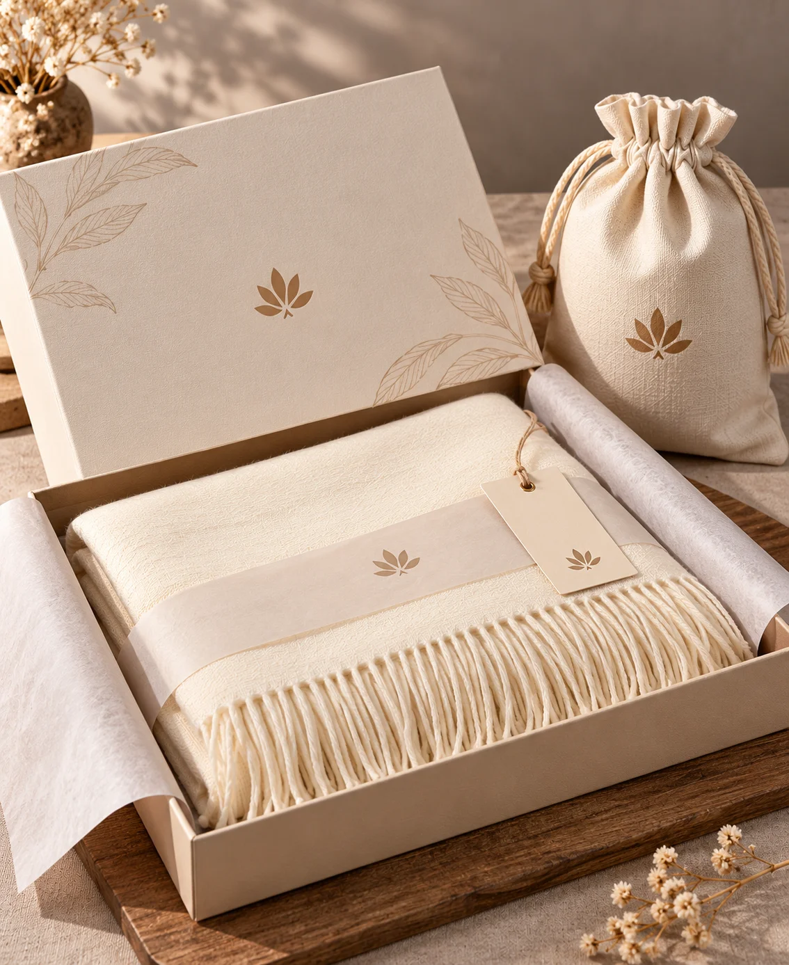 Meditation shawl in a branded gift box with hang tag