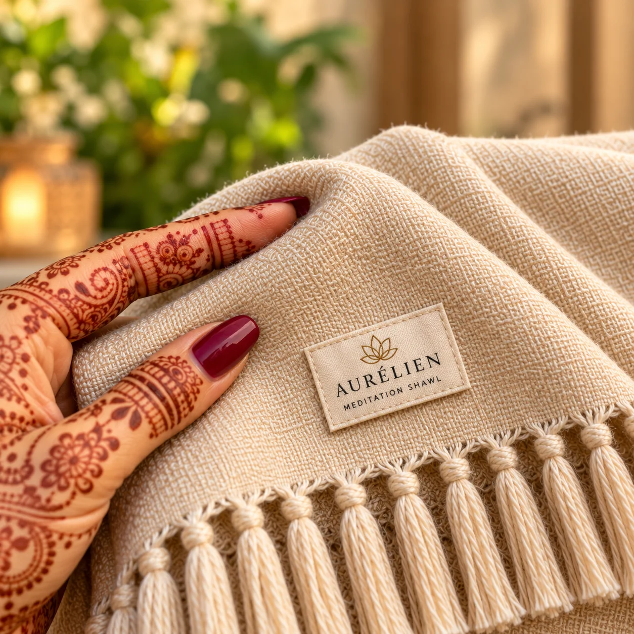 Meditation shawls with sewn-in branded labels in six colours