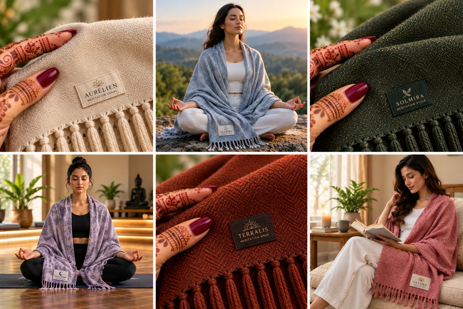 Sewn-in branded labels on meditation shawls in six colours with personalised message lines