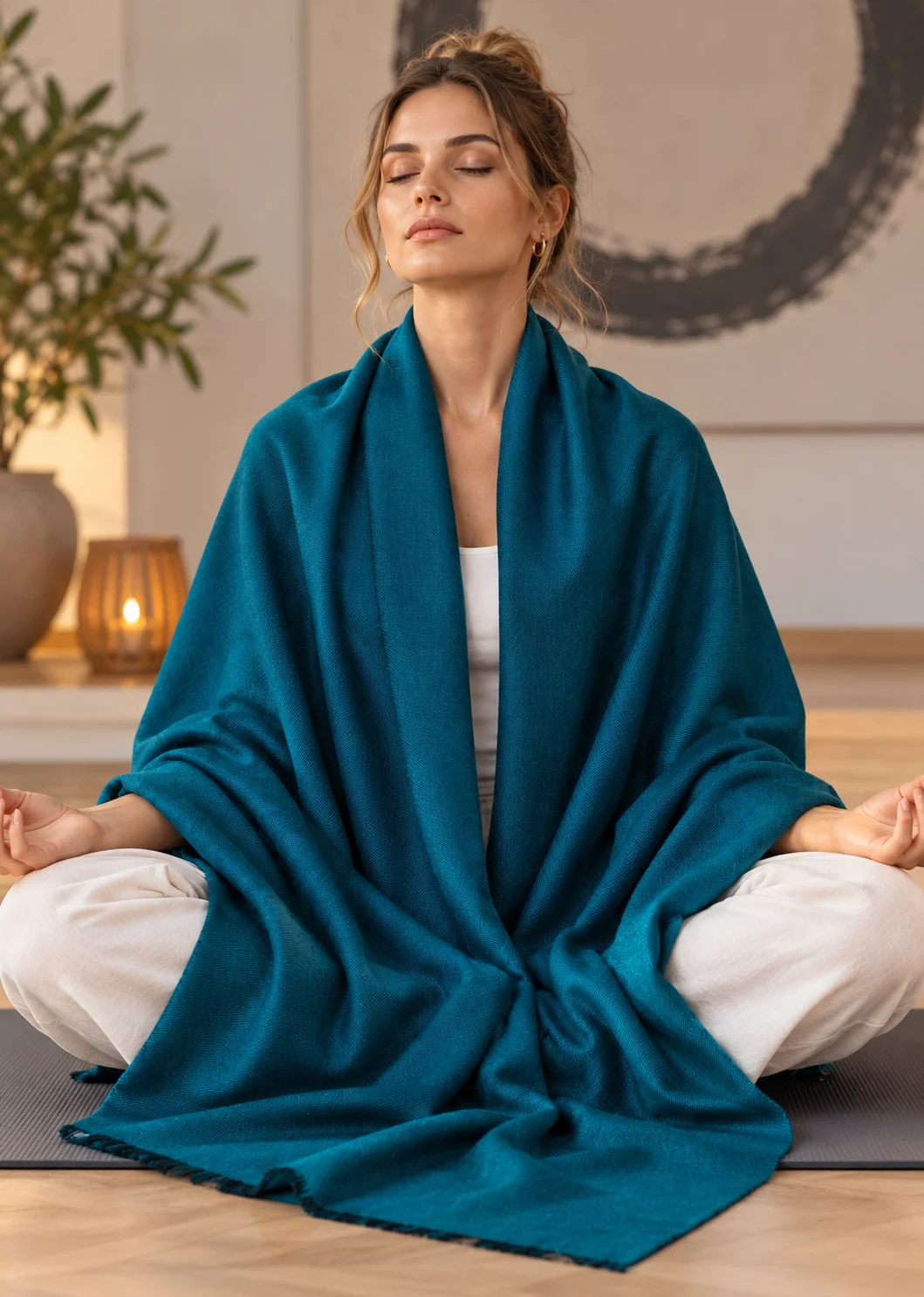 Woman meditating outdoors wrapped in a merino silk meditation shawl