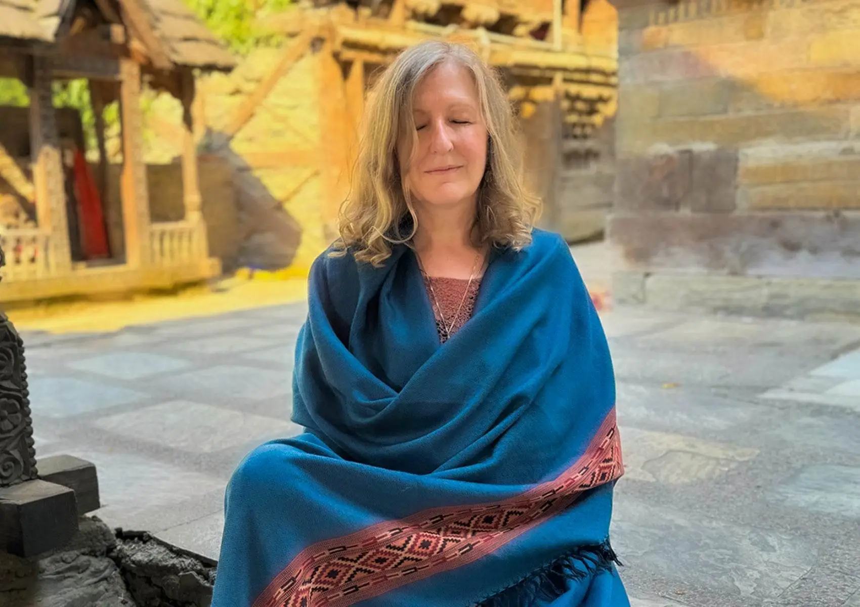 Merino silk meditation stole 70 x 200 cm worn in a yoga studio