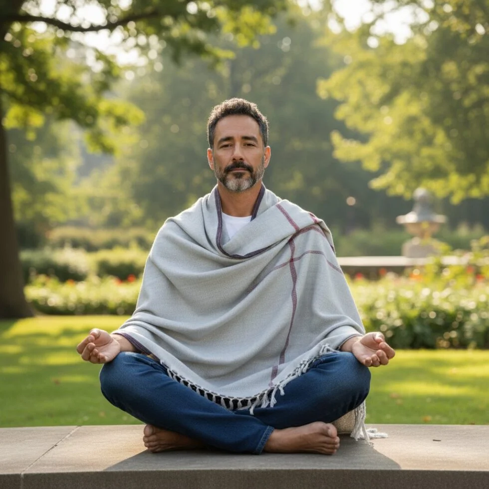 Plain colour 100% modal meditation shawl worn in a yoga studio