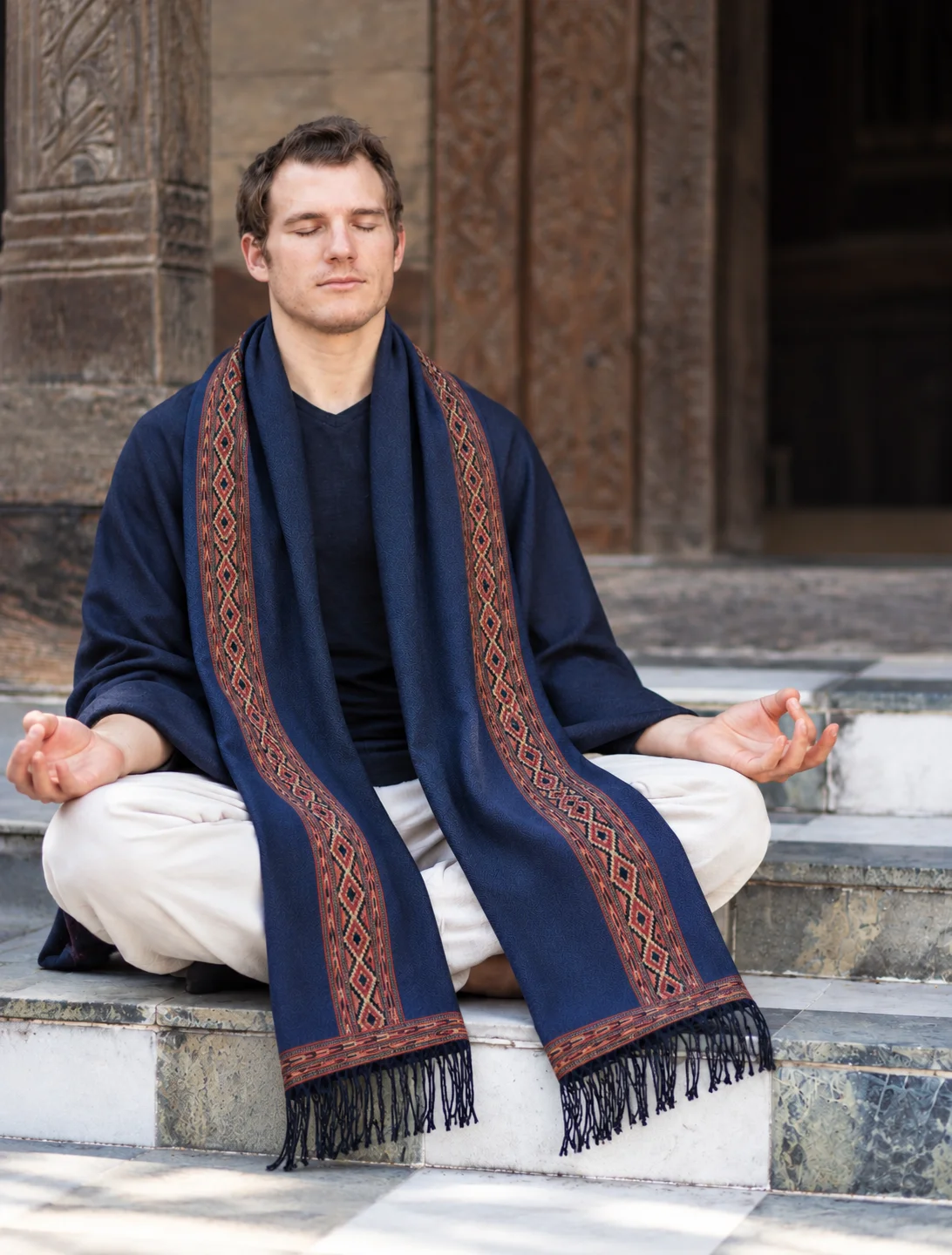 Slim 30 x 190 cm meditation stole worn during meditation at home