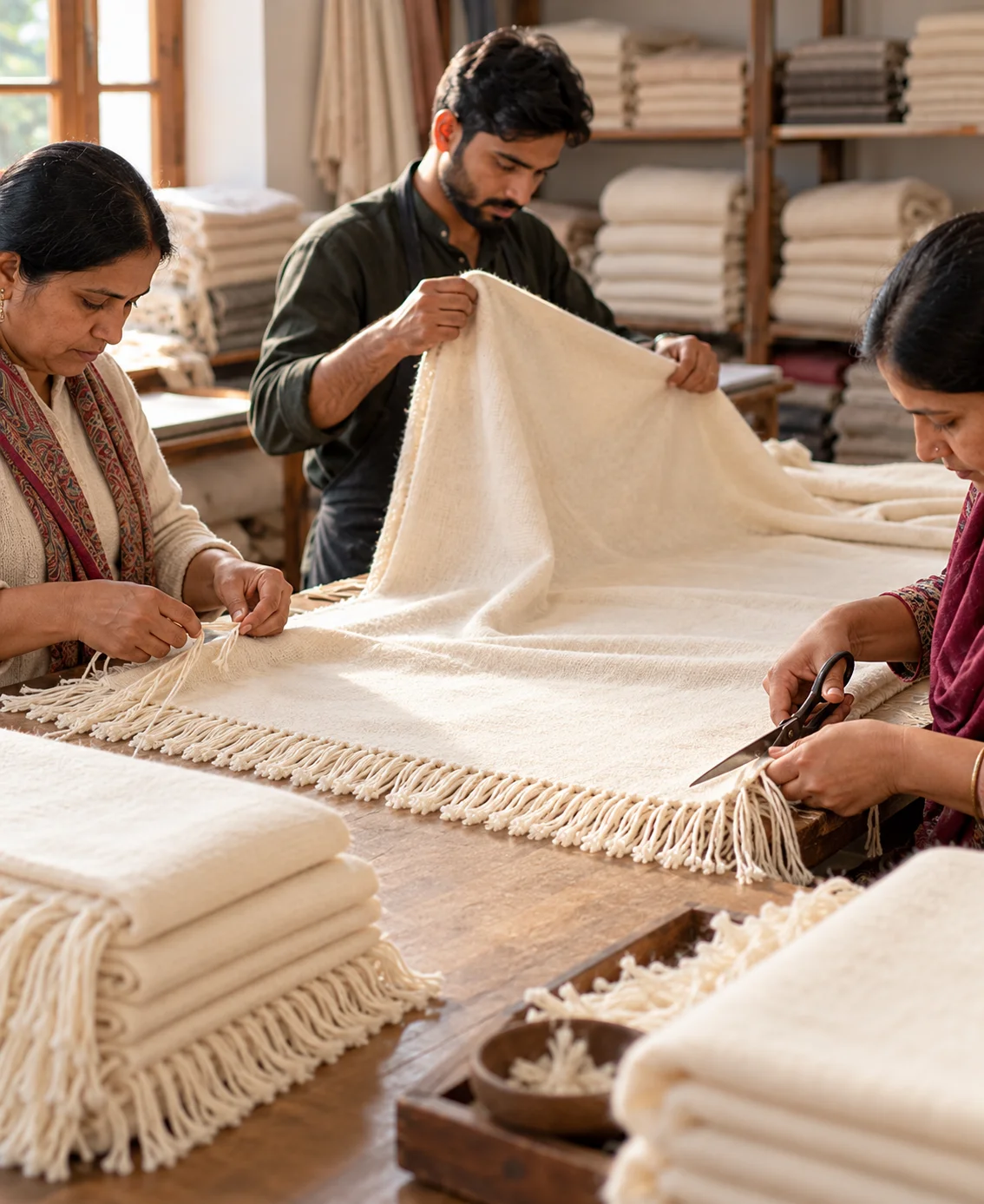 Hand finishing and quality check of meditation shawls