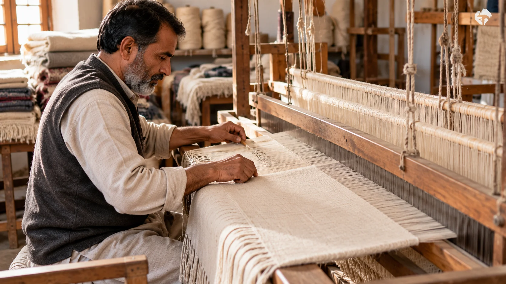 Weaver making meditation shawls at the Savita Shawls factory in Gurgaon